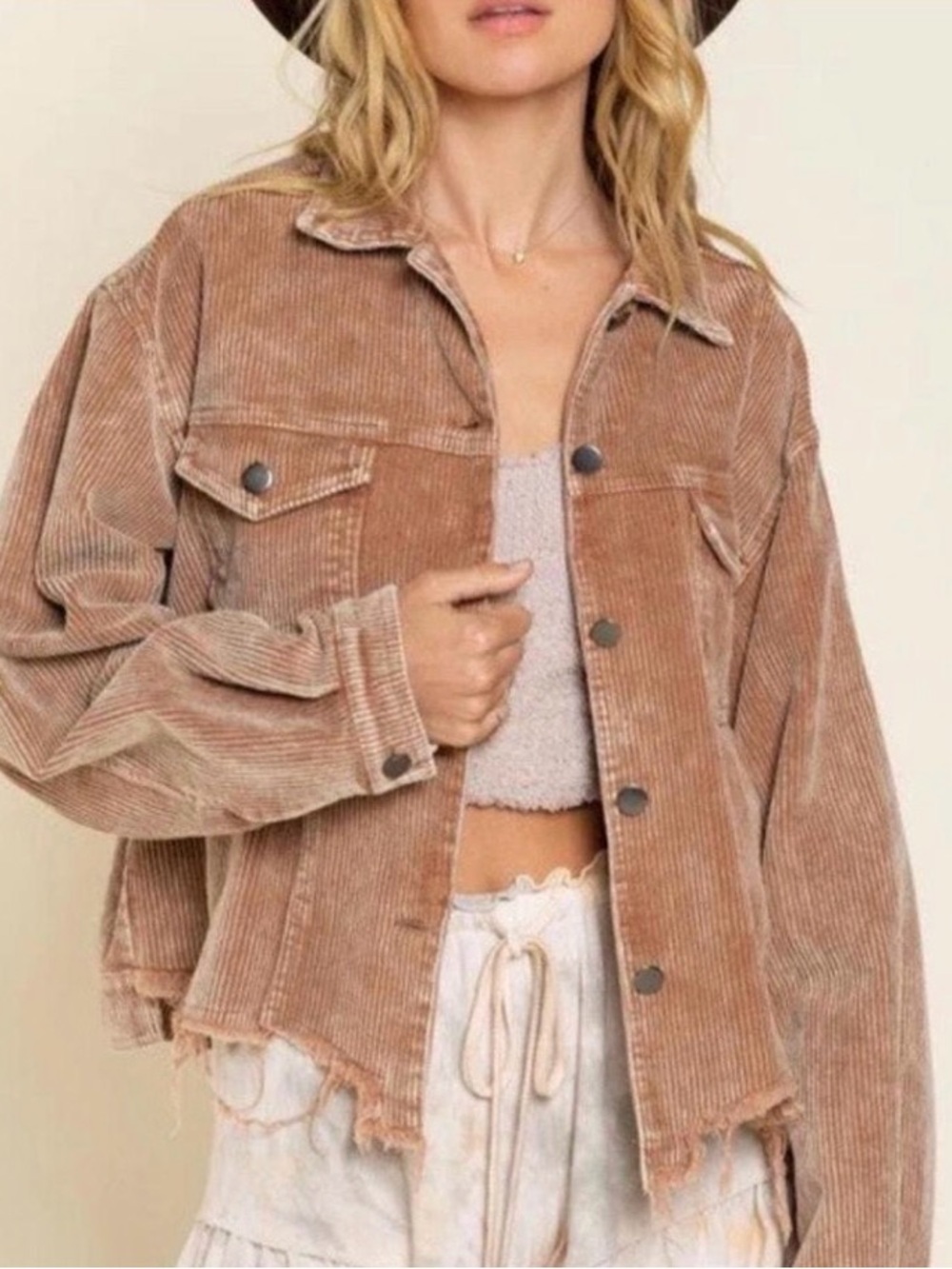 POL Corduroy Button-Front Jacket in Dusty Rose
